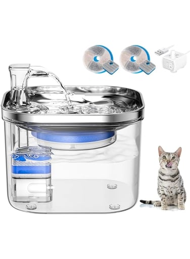HomeChi Water Fountain for Cat and Dog, 2L Water Dispenser with 304 Stainless Steel Water Storage Tray for Dogs, Low Decibel Pet Drinking Water Fountain, with 1 Replacement Filter, 1 Adjustable Pump