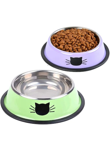 ANTOLE 2Pcs Cat Bowl Pet Bowl Stainless Steel Cat Food Water Bowl Non-Slip Rubber Base Small Pet Bowl Cat Feeding Bowls Set，Multicolor
