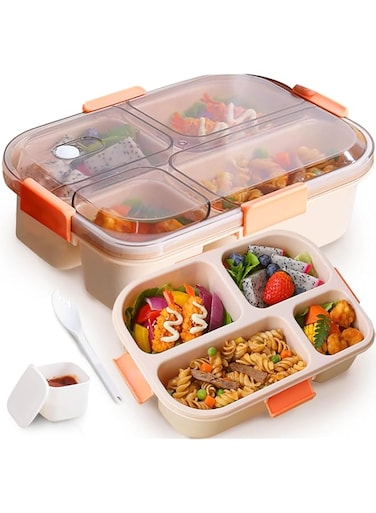YumLock 4 Compartment Square Portable Lunch Box, 1550ml, BPA-Free, Leak-Proof, Ideal for Meal Prep, Khaki