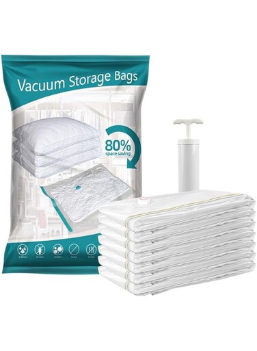 7moods Vacuum Compression Storage Bags with Hand Pump, 5-Pack (2 Jumbo, 2 Large, 1 Medium) &ndash; Durable Nylon Co-Extrusion Film with Zipper &amp; Anti-Leak Valve