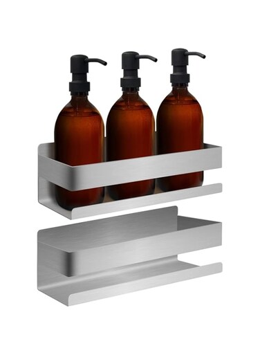 Joeji's Shower Caddy No Drill - Strong 3M Self Adhesive No Drill Wall Mounted Shelf - Stainless Steel - Tidy Shampoo Gel Storage Basket - Shower Organiser (2 Pack Silver)