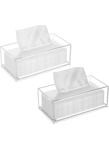 Acrylic Tissue Holder Box - Clear Rectangular Napkin Holder, Facial Tissue Dispenser, Tissue Box Holder for Home, Kitchen and Office Room, Pack of 2