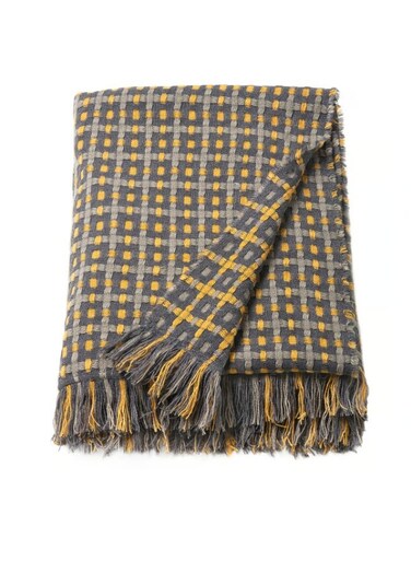 Dobby-Woven Throw, Check Pattern, Yellow/Grey, 130x170 cm