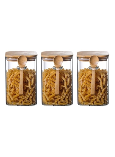 Glass Storage Jar with Bamboo Lids and bamboo Spoon,Set of 3 Airtight Food Jars Kitchen Food Storage Containers with Scoop For Serving Tea, Coffee, Flour, Sugar, Candy, Cookie, Spice 1000ml