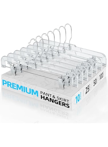 HOUSE DAY Clear Skirt Hangers with Clips, Non-Slip Plastic Pant Hangers with Adjustable Clips, Slim Clip Hangers for Pants, Skirts, Shorts, 14" Clear Hangers 10 Pack, 360-Rotating Swivel Hook
