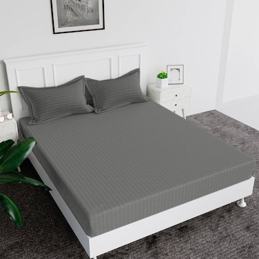 MAXQON Fitted Bed Sheet +2Pcs Pillow Covers, Super King Size 200x200+20cm, Color Grey