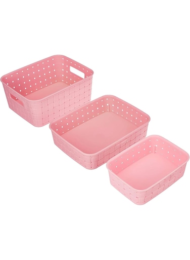 Multipurpose Storage Baskets Set of 3, Large Plastic Organizer Bins for Fruits Vegetables Cosmetics Magazines, Home Office Organization - Pink