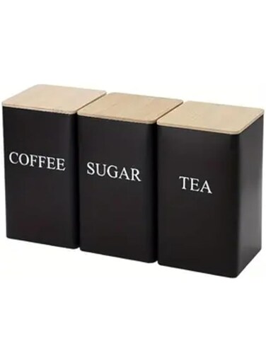 3-Piece Black Tea, Coffee &amp; Sugar Canister Set 1000ML Metal Storage Jars with Bamboo Lids