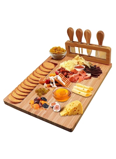 Cheese Board Set with 4 Stainless Steel Cheese Knives (14" x 11")