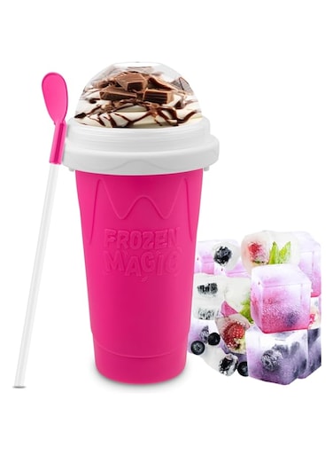 Slushy Maker Cup - DIY Magic Slushy Maker Squeeze Cup, Portable Smoothie Squeeze Cup for Juices, Milk and Ice Cream Make, Double Layers Silicone Slushie Cup with Straw for Friends,Family Gifts (Pink)
