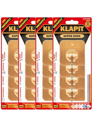 KLAPiT Super Hook Heavy Duty Adhesive Gold Hook, Each Holds 11 Pounds or 5Kg Weight, Waterproof &amp; Damage Free No Residue for Wall, Tile, Wood, Stone, Glass, Metal, Made of Steel (Gold, 16 pc)