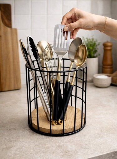 Homecraft Premium Iron Cylindrical Holder with Wood Base, 13x13x18cm &acirc;&euro;&ldquo; Handcrafted Cutlery, Utensil &amp; Tabletop Organizer for Kitchen, Dining &amp; Caf&Atilde;&copy; Use, Natural &amp; Black