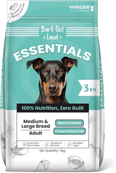 BARK OUT LOUD ESSENTIALS , Vivaldis - Adult Dry Dog Food, Tailored Nutrition for Medium Large Breeds, Chicken &amp; Egg, Kibbles with Prebiotics, Fish Oil for Immunity (3kg)