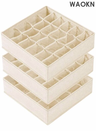 3 Pack Wardrobe Organiser Drawer Organiser, 64 Cell Fabric Foldable Cabinet Dresser Closet Organizers and Storage Boxes for Organizing Socks, Underwear, Ties Belts (16+24+24 Cell Underwear Organizer, Beige)