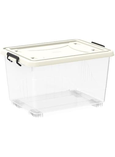 Cosmoplast 55L Clear Plastic Storage Box With Wheels &amp; Lockable Lid, Off White, 55-Liters