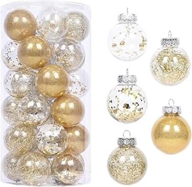 2.36''/60mm 30PCS Shatterproof Clear Plastic Christmas Ball Ornaments Decorative Xmas Balls Baubles Set with Stuffed Delicate Decorations, Xmas Tree Balls for Holiday Wedding Party Thankgivings. (Gold
