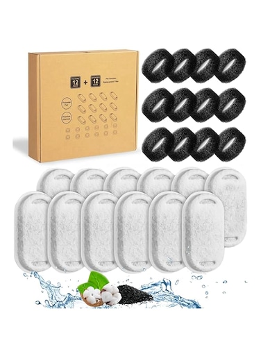Cat Water Fountain Filters, 24 Pack Pet Fountain Filter Replacement,12 Pieces Carbon Filters and 12 Pieces Foam Filter,Cat Fountain Filter, for 67oz/2L/3.2L Stainless Steel Pet Water Fountain