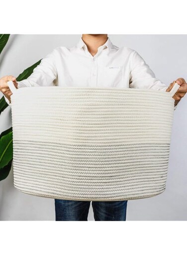 通用 XXL Large Cotton Rope Basket 55*55*35cm Woven Baby Laundry Basket for Blankets Toys Storage Basket with Handle Comforter Cushions Storage Bins Thread Laundry Hamper-Black Stitch