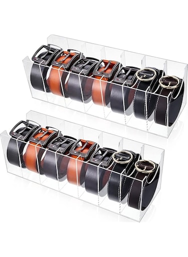 Juexica 2 Pieces Belt Organizer Acrylic Belt Storage Holder 7 Compartments Display Case Belt Container Holder for Closet and Drawer, Purse Tie Jewelry Watch Bracelets Makeup Storage Holder Accessories