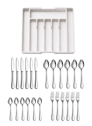 24-Piece Stainless Steel Cutlery Set with Expandable Drawer Organizer, Adjustable Utensil Tray with 8 Compartments, Dishwasher Safe Flatware Set, Black/White