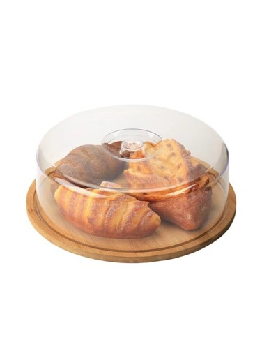Acrylic Cake &amp; Food Dome with Wooden Base &acirc;&euro;&ldquo; 28cm Serving Tray with Transparent Cover for Cakes, Pastries &amp; Desserts