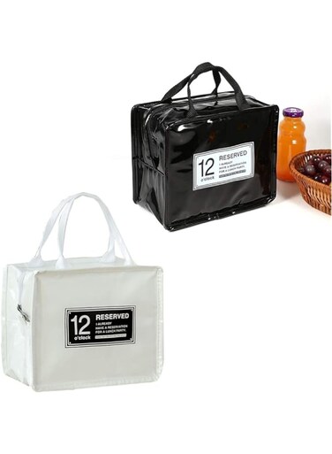 Gfdg Lunch bag, 2 pieces lunch pack, cool bag, lunch bag, hand carry, portable lunch box organiser, waterproof lunch carry bag, for camping, gym, travel, picnic (black, white)