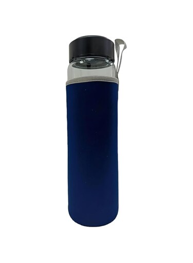 Urban Trendo Durable Crystal Clear Glass Water Bottle - Reusable Glass Bottle BPA-Free with Protective Silicone Sleeve, Pure Hydration Leak-Proof Cap. (Black) (Navy Blue)
