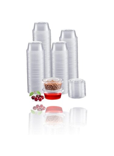 Portion Cups with Lids (2 Ounces, 100 Pack)   Disposable Plastic Cups for Meal Prep, Portion Control, Salad Dressing, &amp; Medicine   Small Plastic Condiment Container - 1.57"L x 2.36" W x 1.3"H