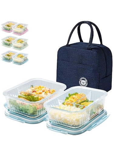 YumLock Glass Food Storage Containers with Lunch Bag, 3 &amp; 2 Compartments, Meal Prep Container Microwave Safe with Lids - Pantry &amp; Kitchen Storage, Lunch Containers for Kids &amp; Adults, Bento Box, Blue