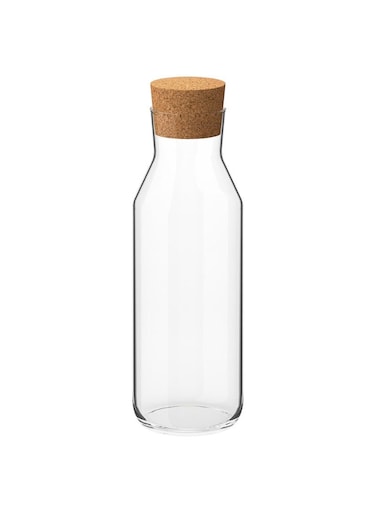 Carafe with Cork Stopper, Clear Glass, 1 L, Slim Design for Fridge Storage
