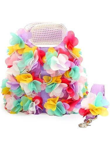 TENGZHI Cute Small Dog Harness and Leash Set Purple Lace Floral Girl Puppy Harness for Small Dogs Cats Soft Mesh Small Sized Dog Vest Harness Escape Proof Pet Cat Harness Outfits