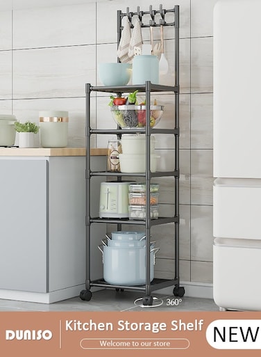 5-Tier Shelves Organizer Rack,Kitchen Storage Shelf Organizer with Top Hooks, Movable Multifunctional Storage Rack, for Laundry Bathroom Kitchen Garage Pantry Organization