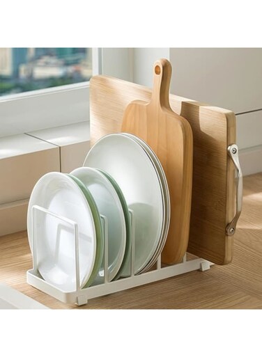 Cutting Board Organizer &amp; Dish Rack - Adjustable Pot Lid Holder for Bakeware, Plates, Pans &amp; Kitchen Utensils   Space-Saving Storage for Cabinet, Countertop or Sink (White)