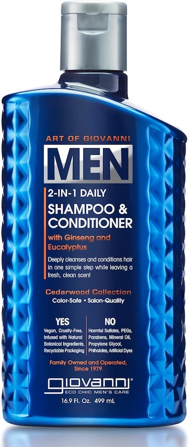 Giovanni Men 2-In-1 Daily Shampoo &amp; Conditioner, With Ginseng &amp; Eucalyptus, To Cleans &amp; Moisturizes, Strengthen &amp; Protect Hair Damage, Color-Safe &amp; Vegan, Silicon Free, 16.9 Oz