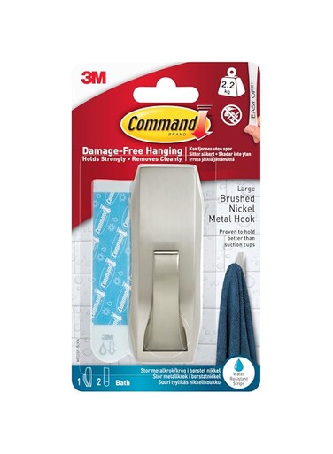 Command Modern Reflections Bath Hook Satin Nikel with Bath Strips, Large size, Organize and decorate Damage Free, 1Hook + 2 Strips/Pack