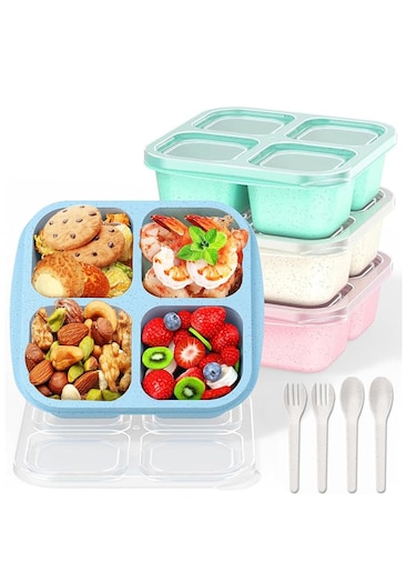Snack Box, 4 Packs Lunch Box, Bento Box, Multi Compartment Lunch Box, Food Storage with 4 Compartment Compact Stackable(Green/Blue/Pink/Beige)