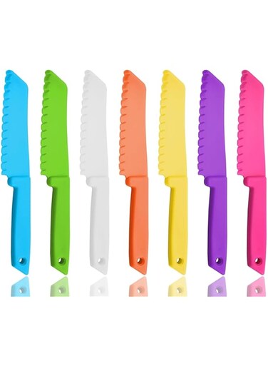 Plastic Kid Kitchen Knife Set, 7 Pcs Safety Knives for Children Kitchen Knife Set, Reusable Nylon Chef Knife Colorful Serrated Knife for Baking Fruit Bread Cake Lettuce Salad
