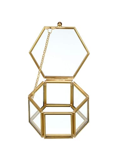 Tazweeq Glass Vintage Jewelry Box, Small Glass Jewelry Box, Clear Wedding Ring Box, Golden Geometric Jewelry Display Case, Gold Clear Glass Jewelry Trinket Box, Storage Trinket Ring Earring Chest (Sma