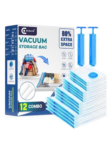Vacuum Storage Bags - Pack of 12 (2Jumbo/3 Large/3 Medium/3 Small /2 Pumps) Re-usable Travel Compression Storage Bags For Clothes, Comforters &amp; Blankets - Space Saver Bags with Hand Pump