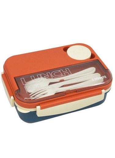 Plastic PP 4-Grids Lunch Box with Cutlery All-in-one Bento Box 1300ML Food Container for Adults Students Orange/Blue