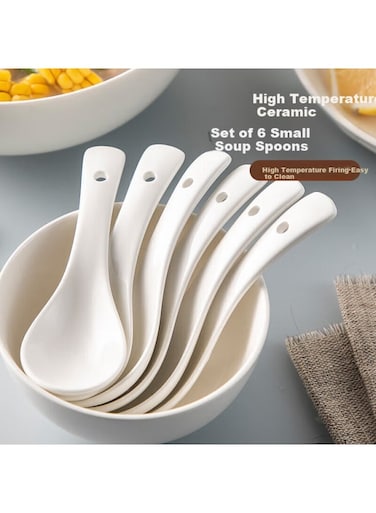 COOK Ceramic Soup Spoon Set, 5.5 Inch, 6 Pieces, Pure White Mccu5169