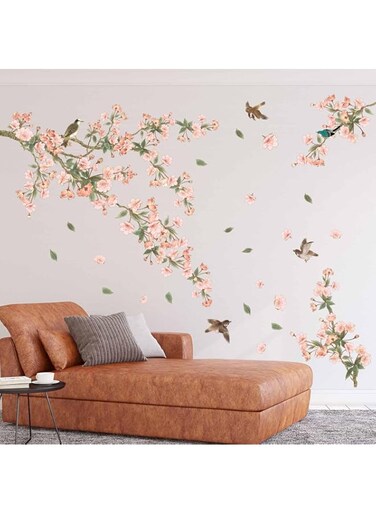 PinkEleph&reg; Pink Flower Cherry Blossom Wall Decals - Cherry Blossom Flowers Tree Branch Birds Wall Stickers - Living Room Bedroom TV Sofa Background Family - Peel and Stick Wall Decals