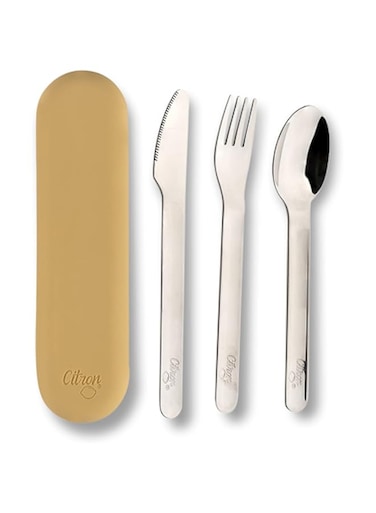 Citron- Stainless Steel Cutlery Set   3 pc Silverware Fork, Spoon and Knife BPA Free Set for Kids- Yellow