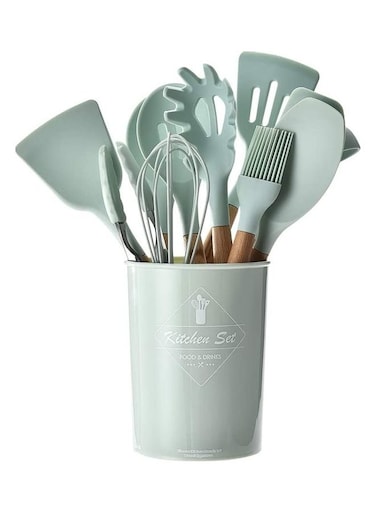 11-Piece Silicone Cooking Utensils Set with Holder Green/Brown One Size