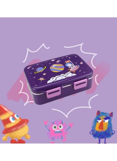 Cute Cartoon Children's Bento Box with 3 Compartments of Stainless Steel Lunch Box Suitable for Children's Office Workers (Purple)