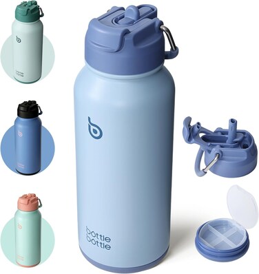 bottlebottle BOTTLE BOTTLE 32oz Insulated Water Bottle Stainless Steel Sport Water Bottle with Straw Dual-use Lid Design for Gym with Pill Box (blue)