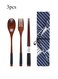 Chopsticks Fork Spoon Three Piece Wooden Travel Cutlery Set with Pouch, Reusable Environmental Protection Pure Wood Portable Utensils, Japanese Style Pattern Office Camping Cutlery (Blue)