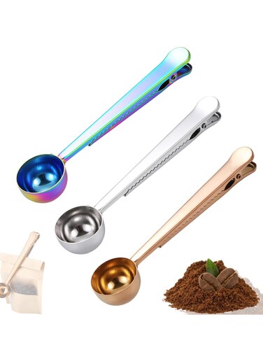 Coffee Scoop with Bag Clip, 3PCS Coffee Beans Spoon Measuring 7 Inch Stainless Steel Kitchen Tools Ground Sealer Accessory for Sealing Milk Powder for cafetiere Ground Coffee and Beans