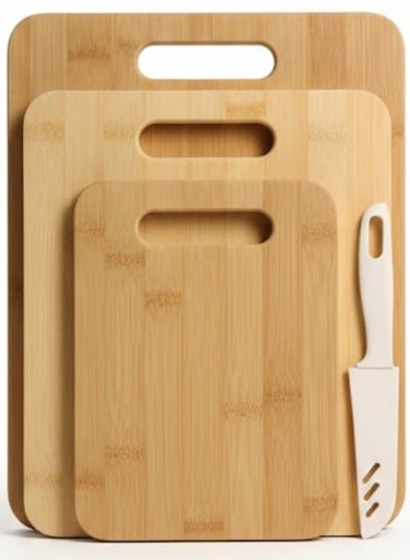Bamboo Cutting Board Set with Knife &acirc;&euro;&ldquo; 3 Pcs Wooden Chopping Boards Set and 1 Pcs Knife, Eco-Friendly Bamboo Wood Cutting Boards for Kitchen, Meat, Vegetables, Fruits, Bread, Durable Non-Slip Kitchen Cutting Board Set with Handle Slot &amp; Chef Knife