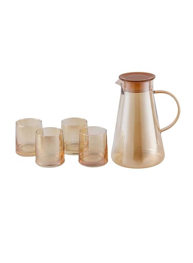 5-Piece Water Jug and Cup Set- RF12209/ Includes 1800 ml Carafe and 4 260 ml Glasses/ with Lid, Pouring Spout, for Iced Tea, Juice, Milk, Coffee, Lemonade, Hot and Cold Multicolor